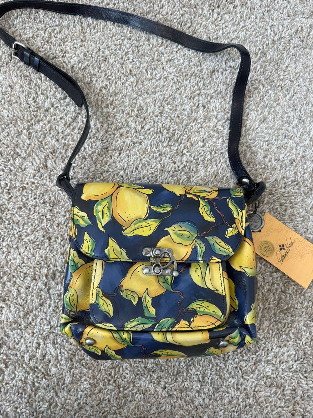Navy Crossbody Bag with Yellow Lemon Print by Patricia Nash